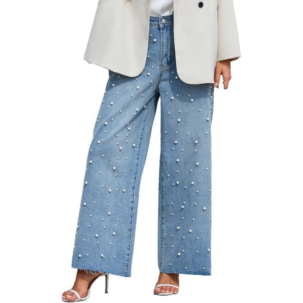 Women's Wide Leg Pearl Jeans High Waist Casual Denim Pants